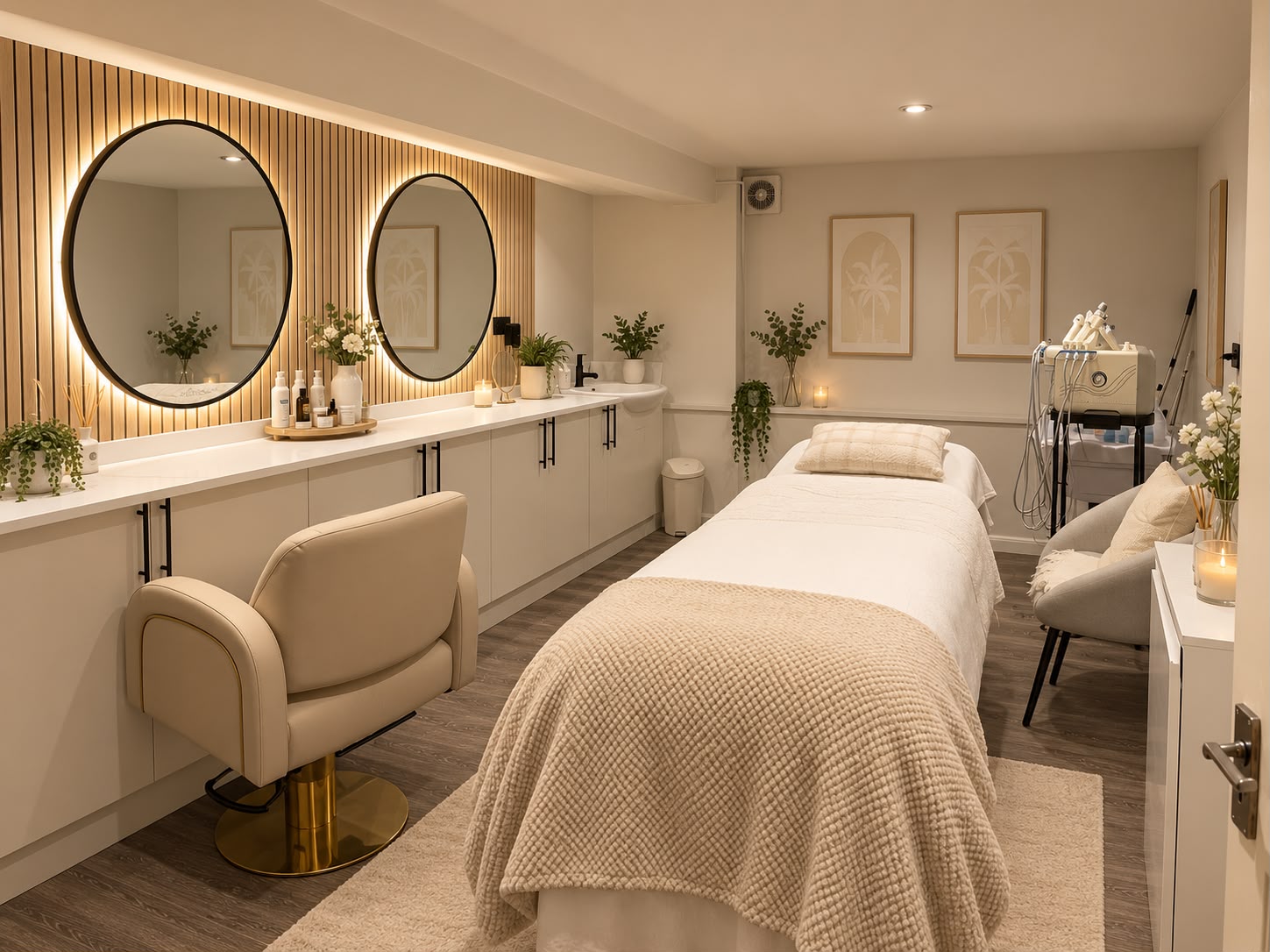 Calm, warm facial treatment room with a soft linen bed, round mirrors and gentle candlelight